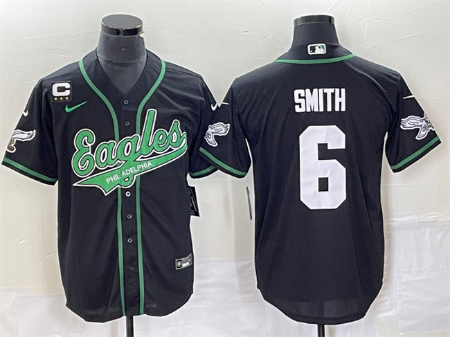 Men's Philadelphia Eagles #6 DeVonta Smith Black With C Patch Cool Base Stitched Baseball Jersey - Click Image to Close